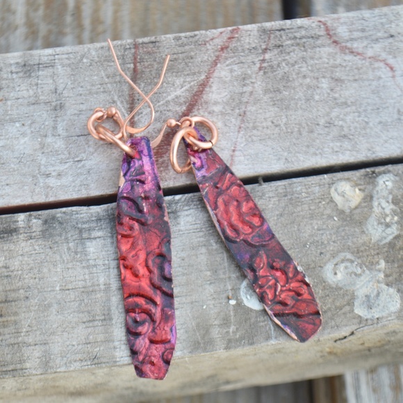 Conceptual Subculture Jewelry - Pink Purple Floral Roses Long Copper Earrings Drop